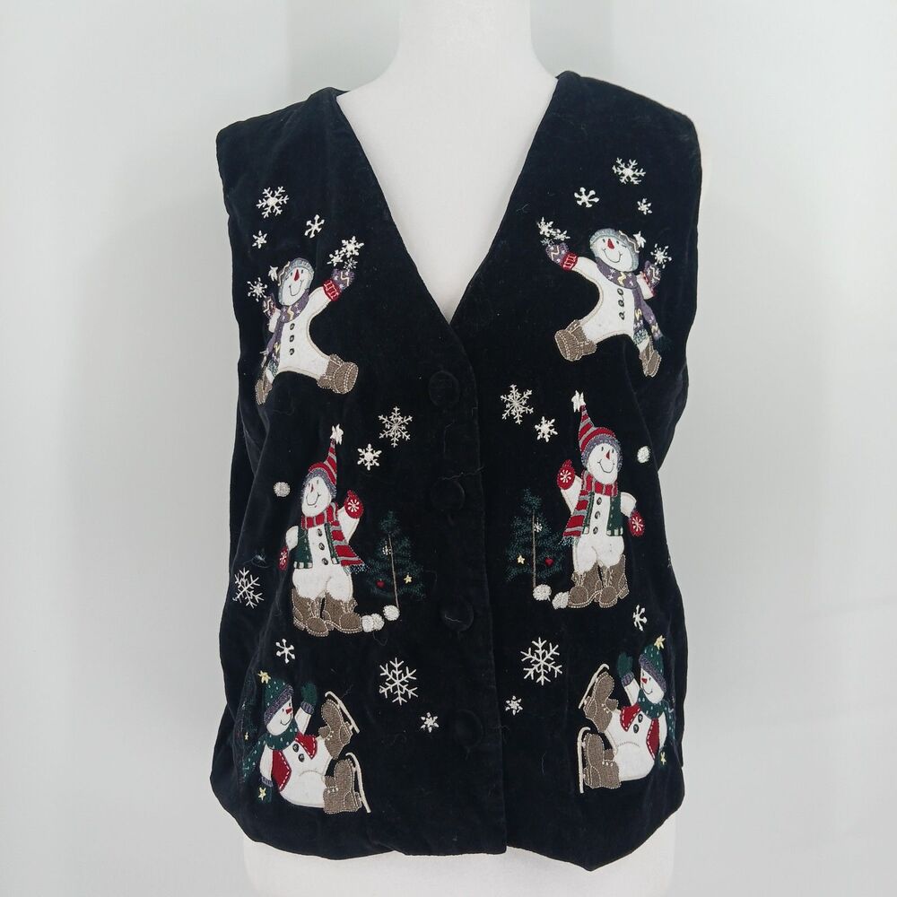 Vintage Winter Scene Snowman Velour Vest Black Embroidered Sleeveless size M